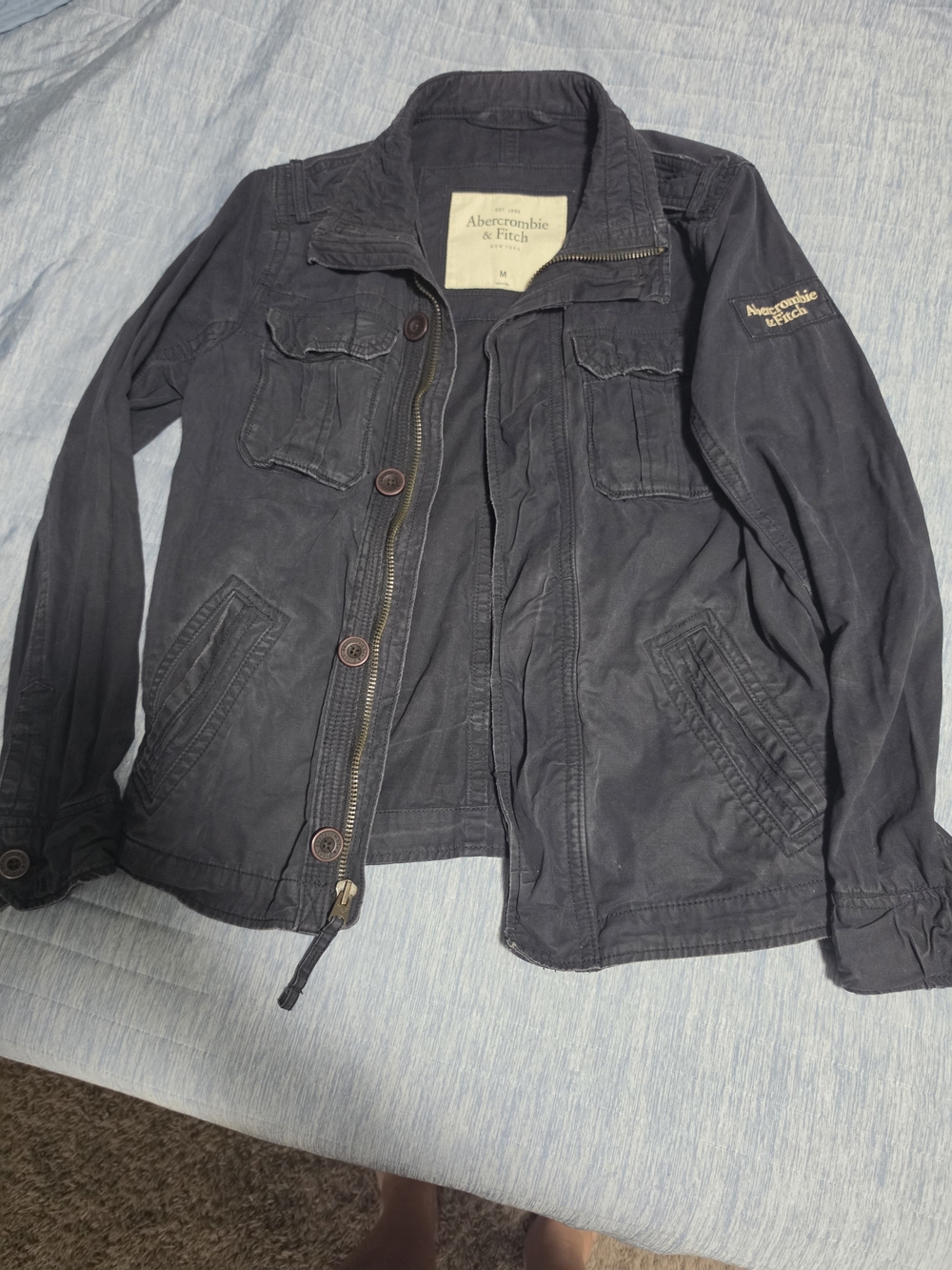 Abercrombie & Fitch Men's Dark Navy Military Field Style Distressed Jacket